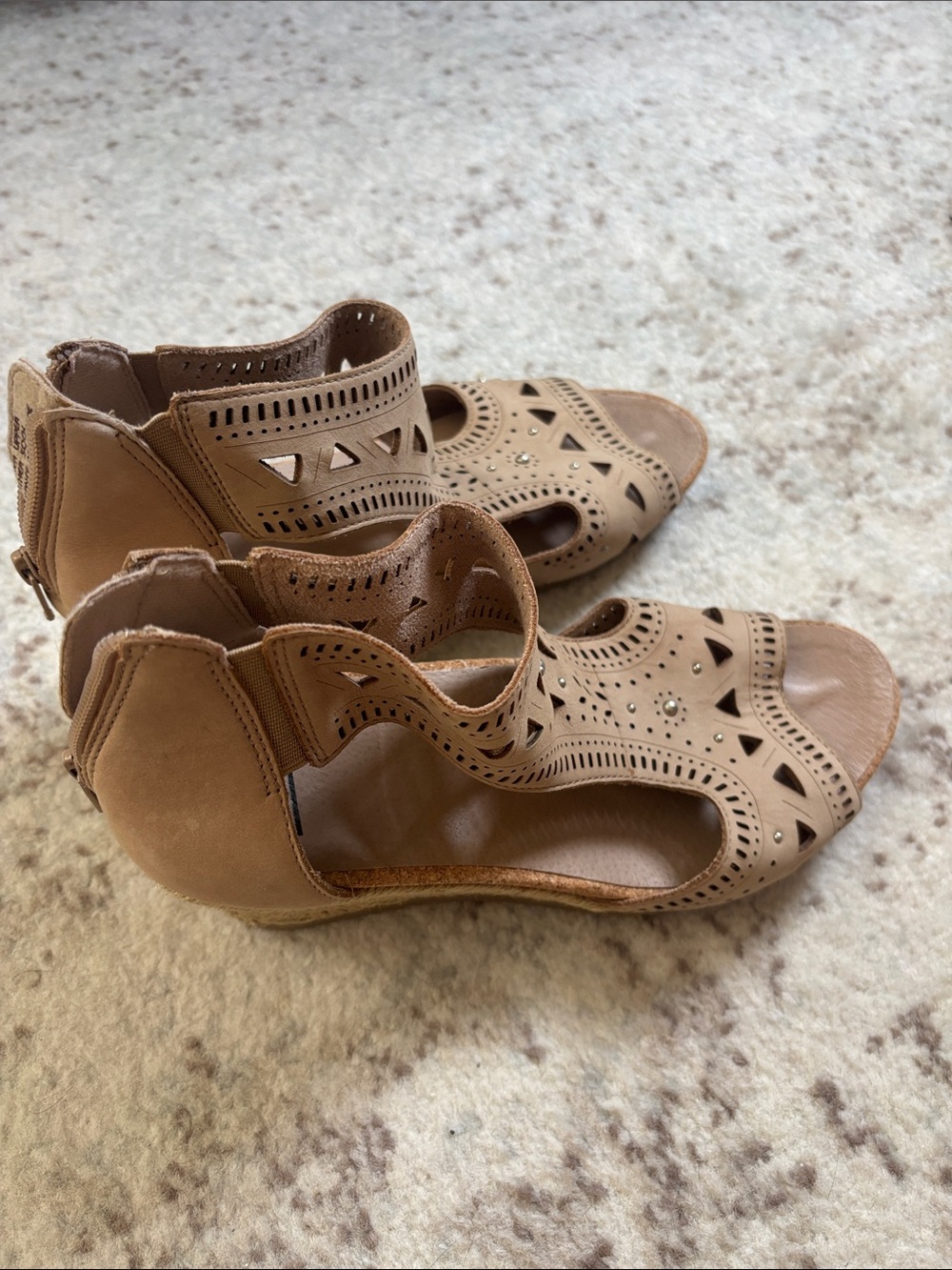 Women’s Tan Laser-Cut Wedge Sandals with Back Zip